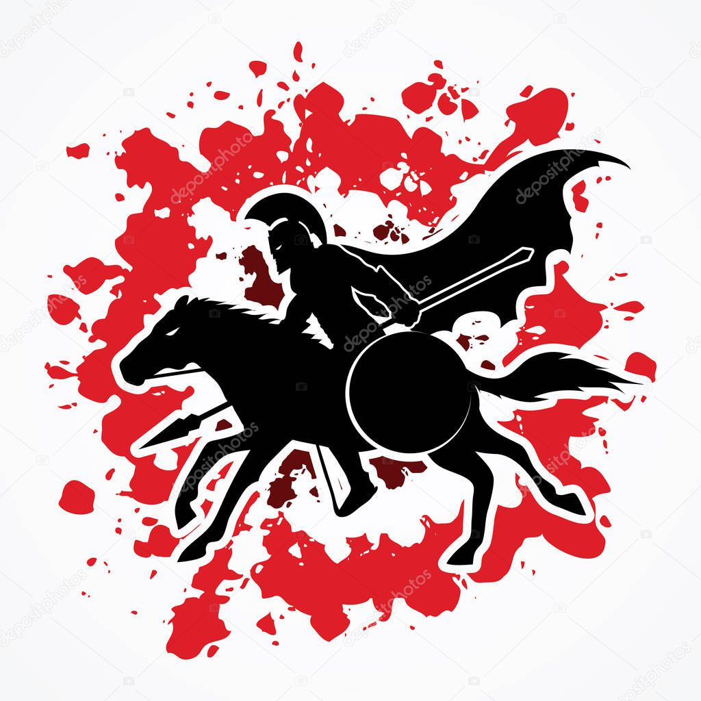 Spartan warrior riders with a spear ready to fight designed on splatter blood background graphic vector