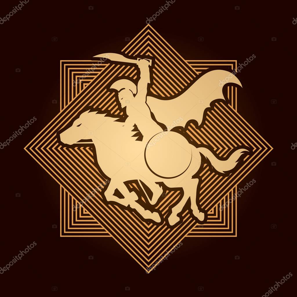 Spartan warrior riders with a sword ready to fight designed on line square background graphic vector