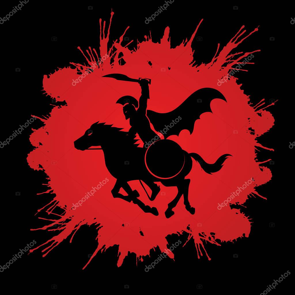 Spartan warrior riders with a sword ready to fight designed on splatter blood background graphic vector
