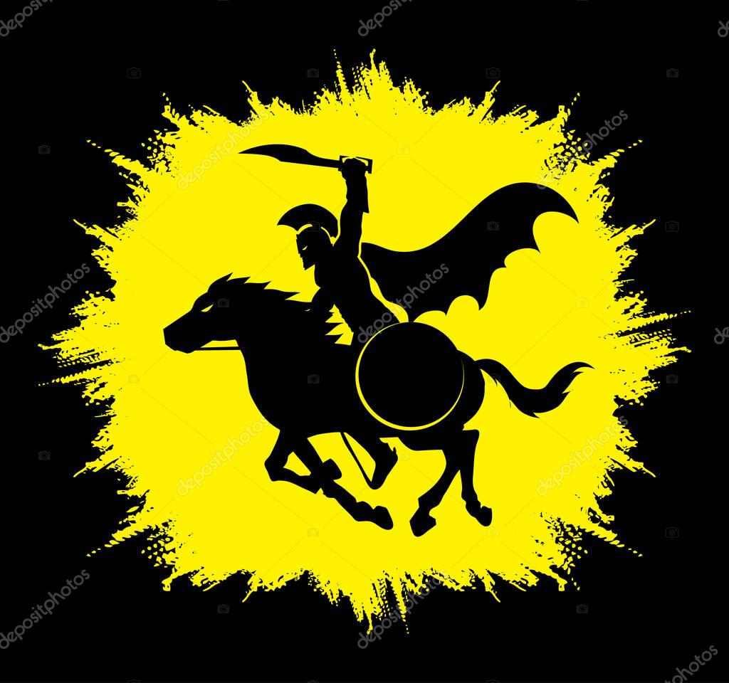 Spartan warrior riders with a sword ready to fight designed on grunge frame background graphic vector