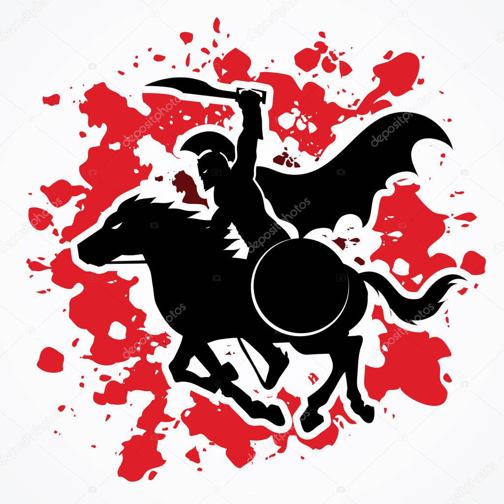 Spartan warrior riders with a sword ready to fight designed on splatter blood background graphic vector