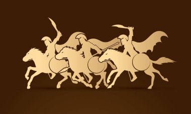 3 Spartalı savaşçı binme atları grafik vektör.