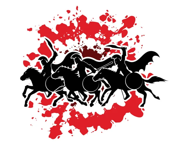 3 guerreiro espartano equitação cavalos vector gráfico . —  Vetores de Stock