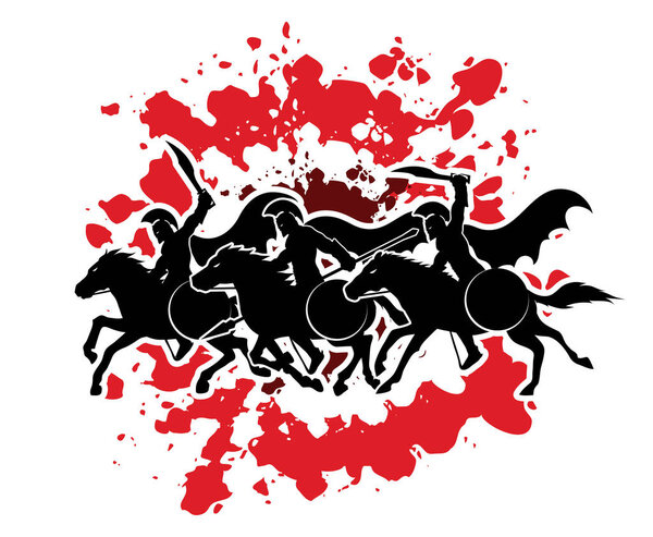 3 Spartan warrior riding horses graphic vector.