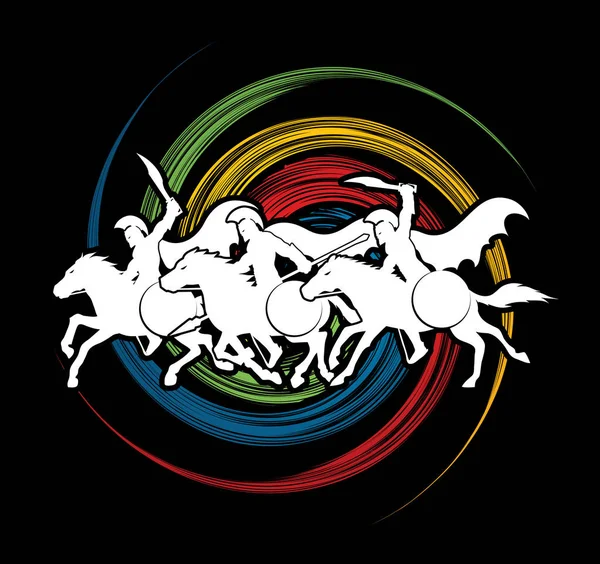 3 Spartaanse krijger paardrijden paarden grafische vector. — Stockvector