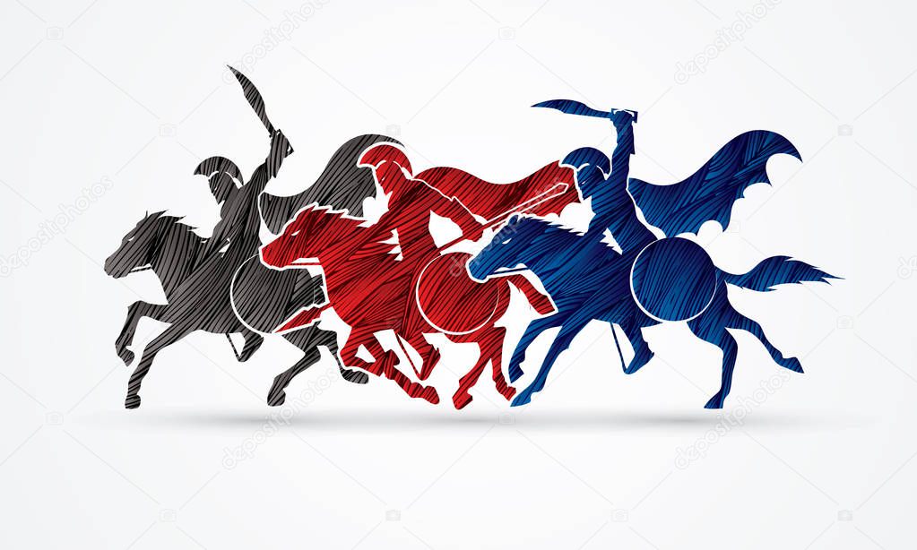 3 Spartan warrior riding horses graphic vector.