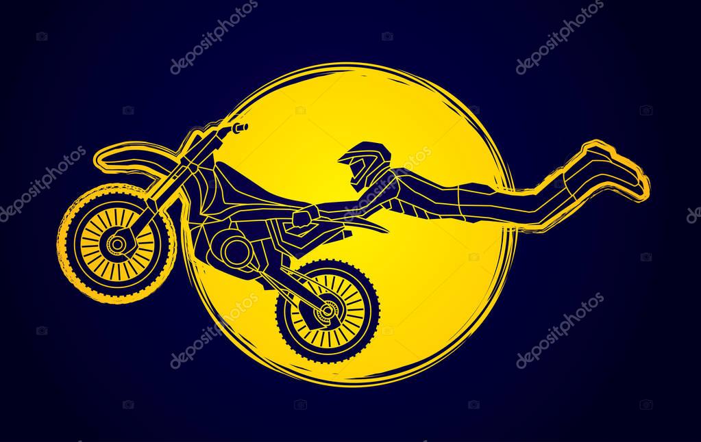 Freestyle Motocross flying trick designed on moonlight background graphic vector