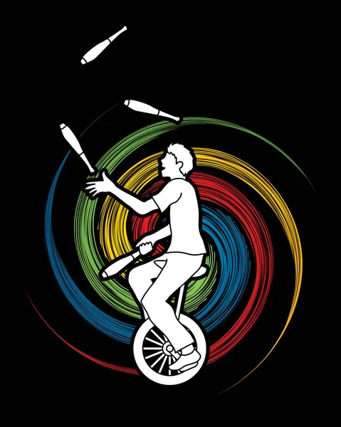 A man juggling pins while cycling — Stock Vector