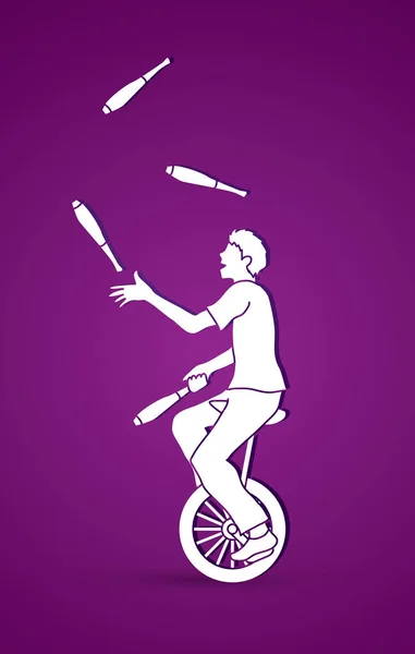 Człowiek, żonglerka pinów podczas jazdy na rowerze — Wektor stockowy