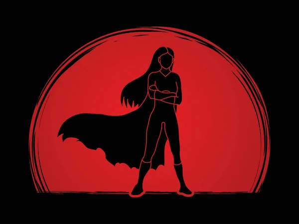 Super bohater kobieta stojąc broni przez klatkę piersiową — Wektor stockowy