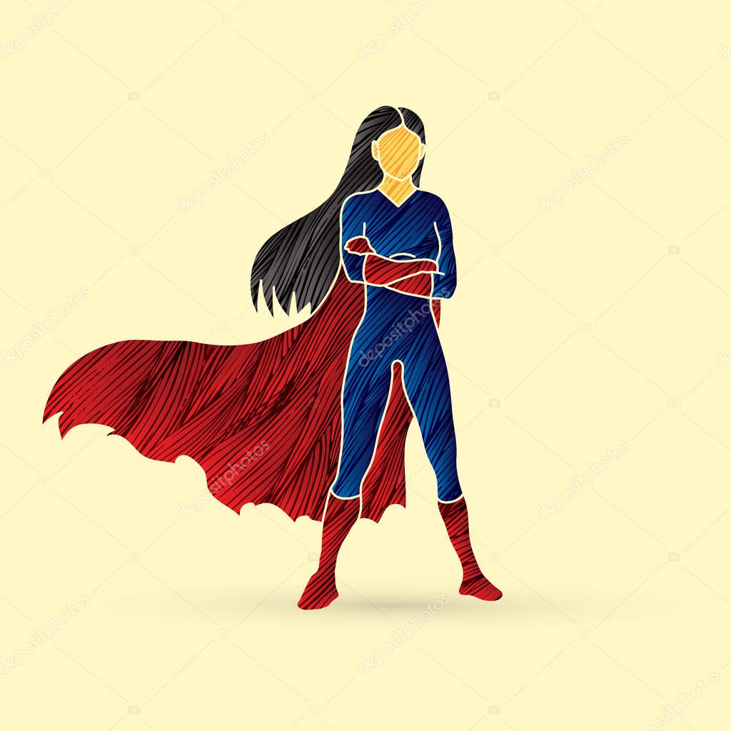 Super hero woman standing arms across the chest design using grunge brush graphic vector.