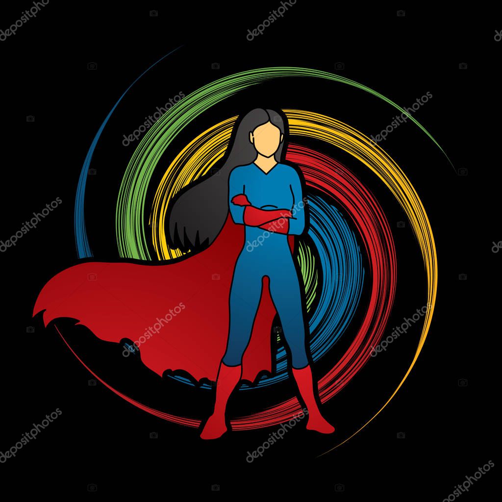 Super hero woman standing arms across the chest design on spin wheel background graphic vector.