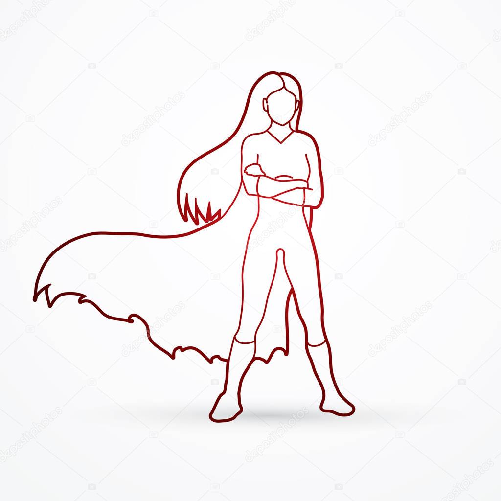 Super hero woman standing arms across the chest outline  graphic vector.
