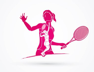 Çift pozlama, tenis oyuncu spor kadın grafik vektör.
