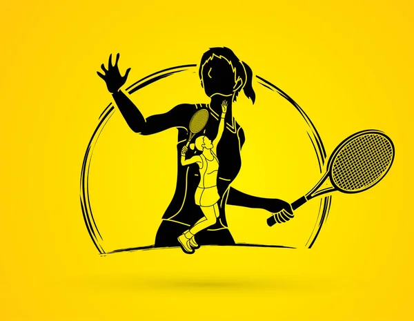 Doble exposición, Tenis jugador deportes mujer vector gráfico . — Archivo Imágenes Vectoriales