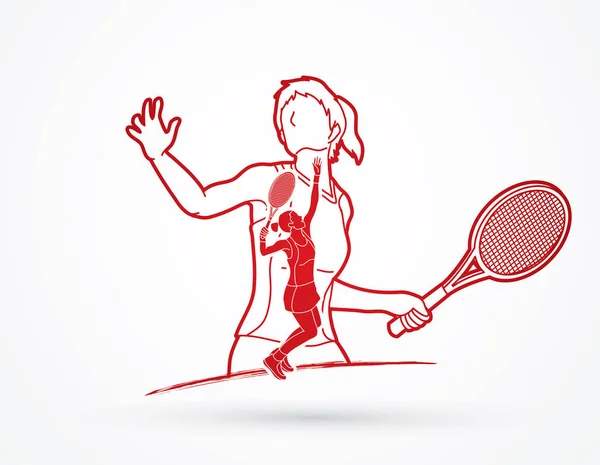 Exposição dupla, jogador de tênis esportes mulher vetor gráfico . — Vetor de Stock