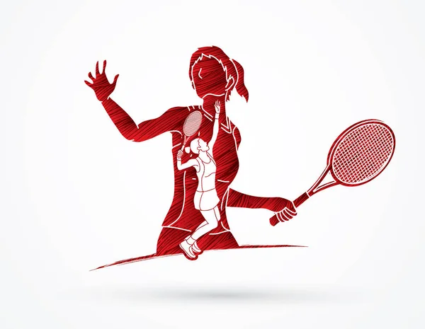 Dupla expozíció, teniszező sport nő grafikus vektor. — Stock Vector