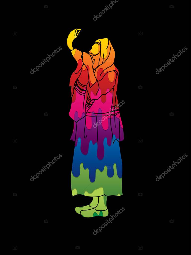 Jew blowing the shofar side view designed using melting colors graphic vector.