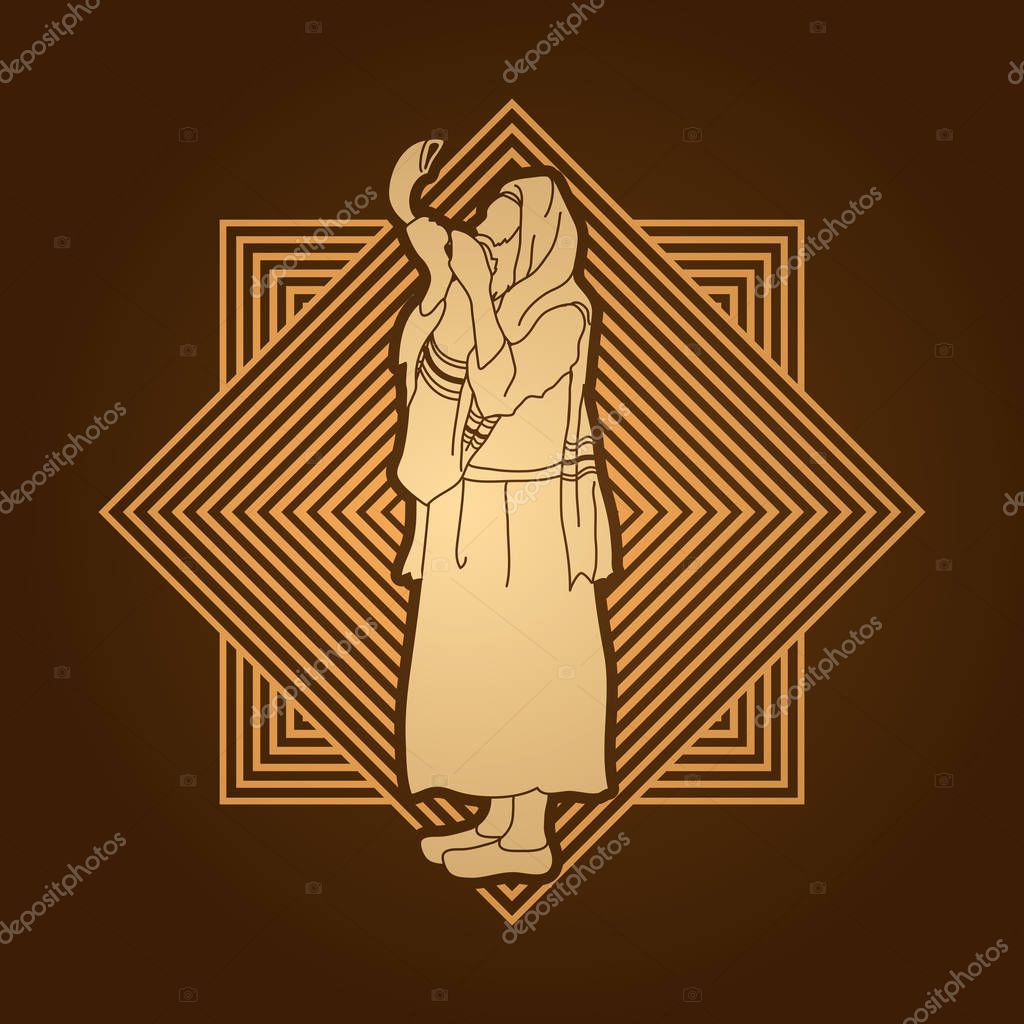 Jew blowing the shofar side view designed on line square background graphic vector.