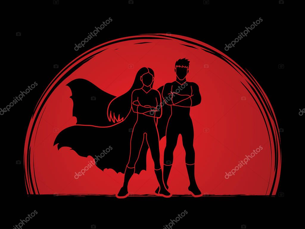 Superhero Man and Woman standing arms across the chest designed on sunlight background graphic vector.