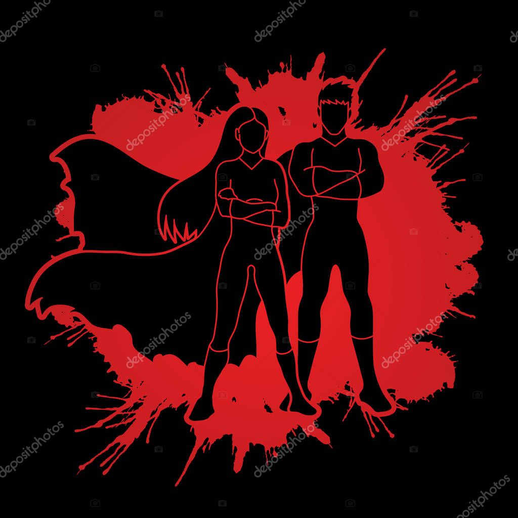 Superhero Man and Woman standing arms across the chest designed on splash ink background graphic vector