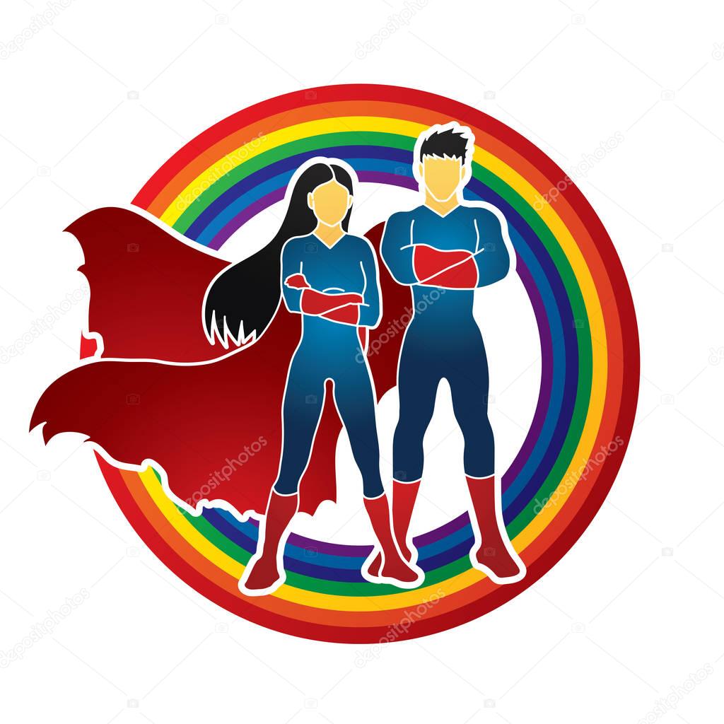 Superhero Man and Woman standing arms across the chest designed on line rainbows background graphic vector.