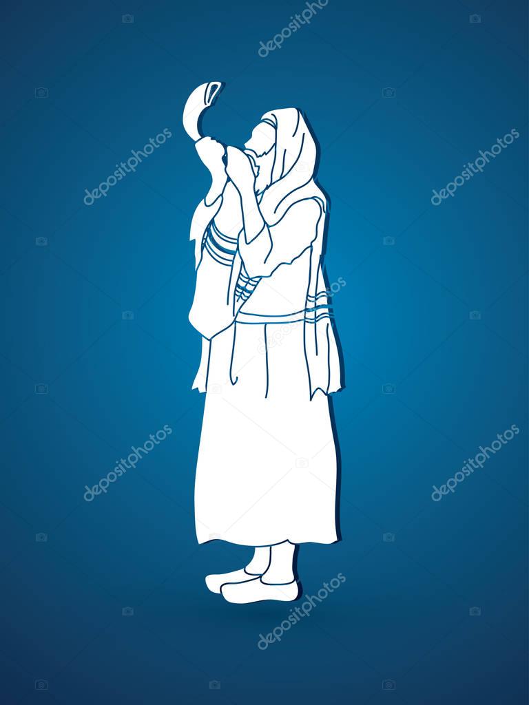 Jew blowing the shofar side view graphic vector.