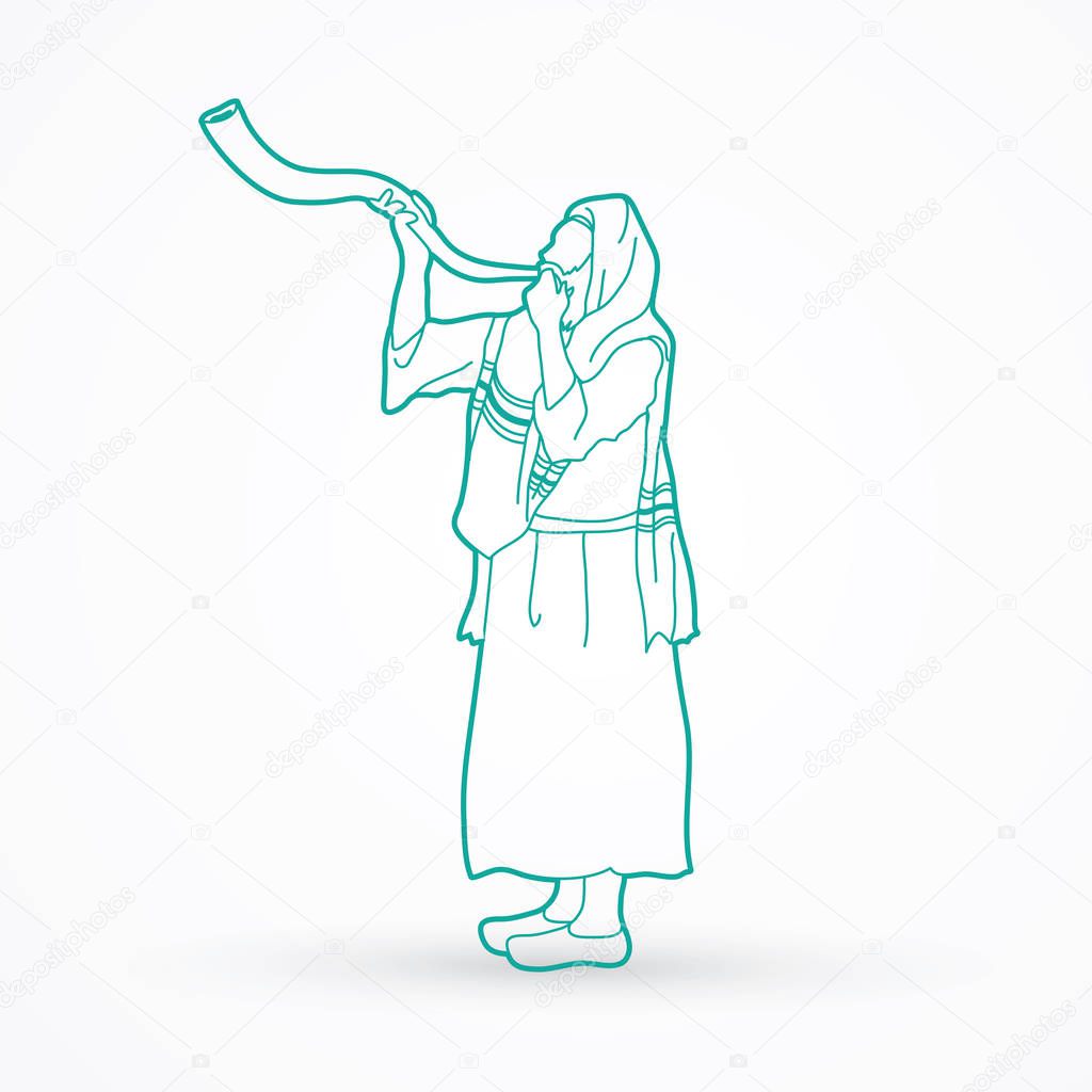 Shofar blowing, Kudu shofar blower outline graphic vector.