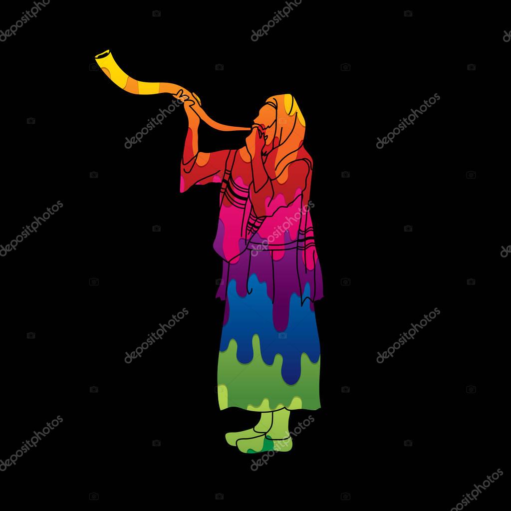 Shofar blowing, Kudu shofar blower design using melting colors graphic vector.