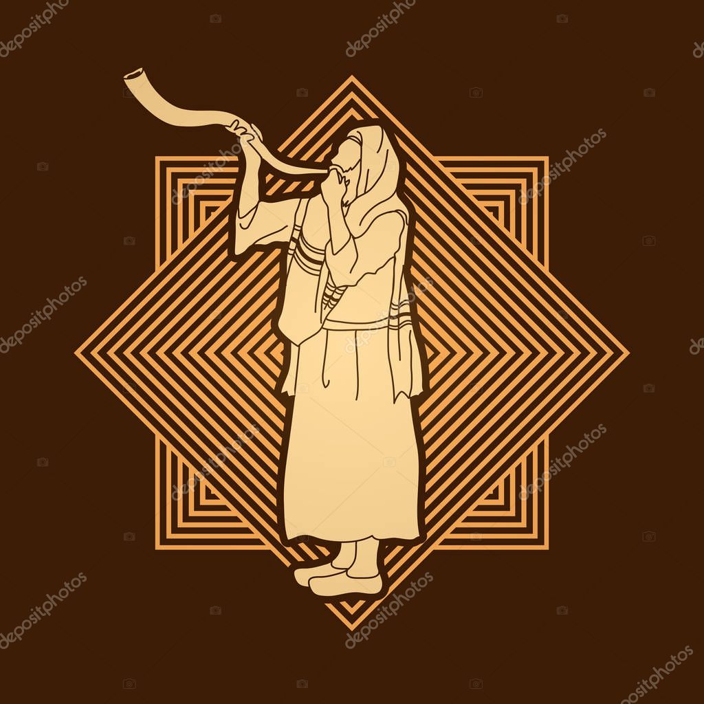 Shofar blowing, Kudu shofar blower design on line square graphic vector.