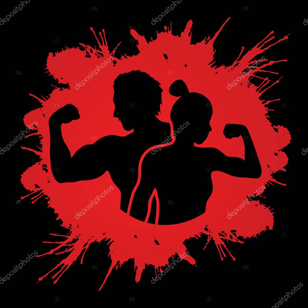 Fitness silhouette man and woman designed on splatter color background graphic vector.