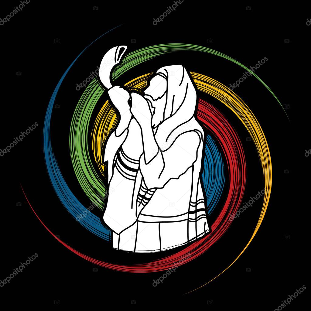 Jew blowing the shofar sheep horn on spin wheel  background graphic vector.