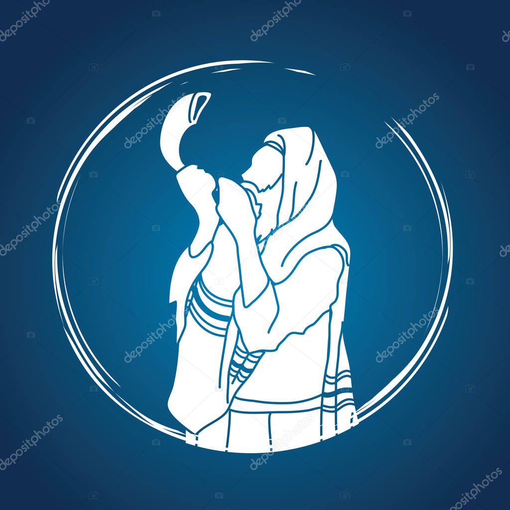 Jew blowing the shofar sheep horn graphic vector.