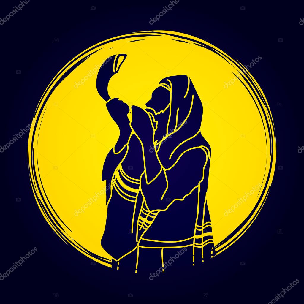 Jew blowing the shofar sheep horn on moonlight background graphic vector.