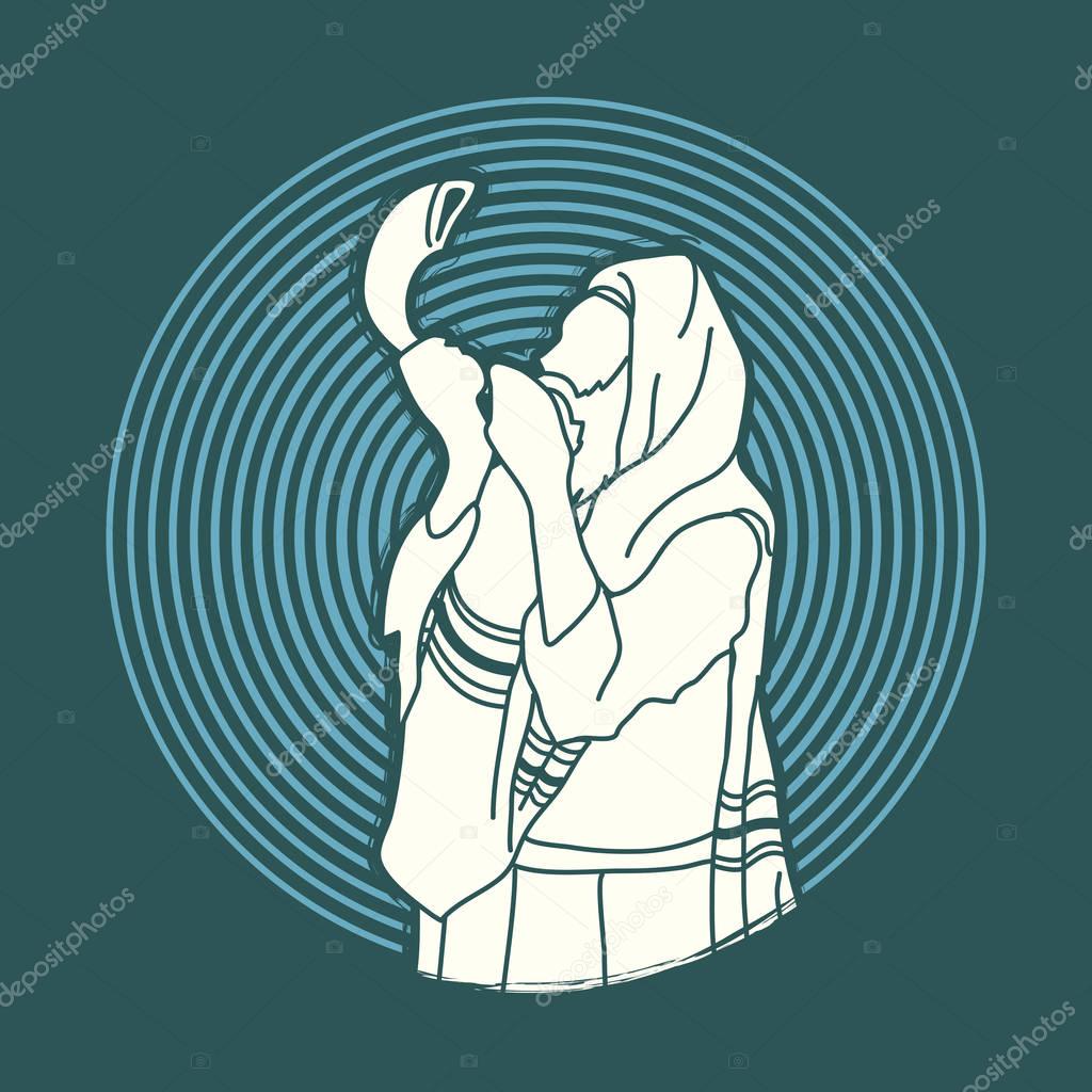Jew blowing the shofar sheep horn on circle light background graphic vector.