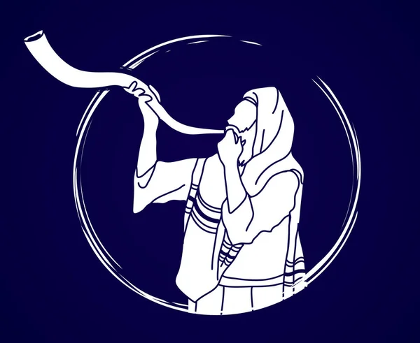 Judío tocando el cuerno de Kudu de oveja shofar — Vector de stock