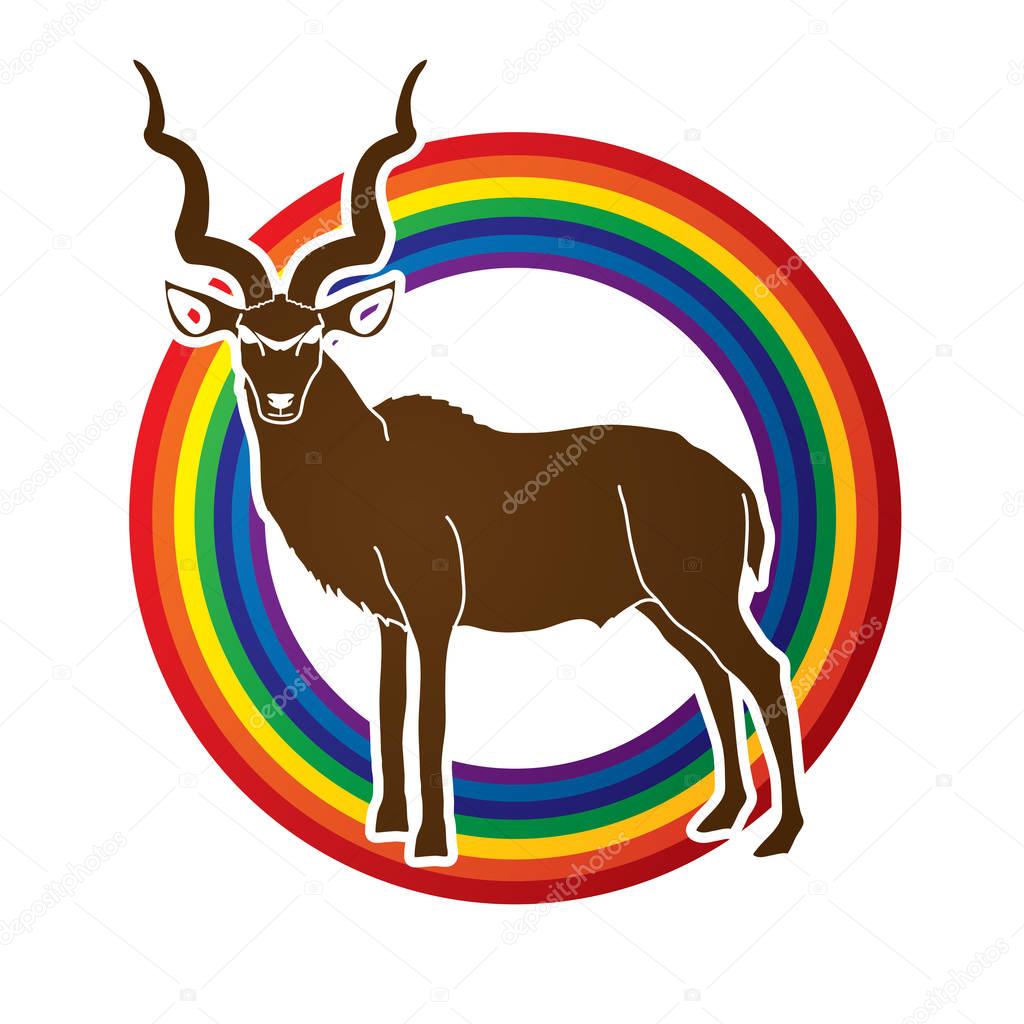Kudu standing designed on line rainbows background graphic vector.