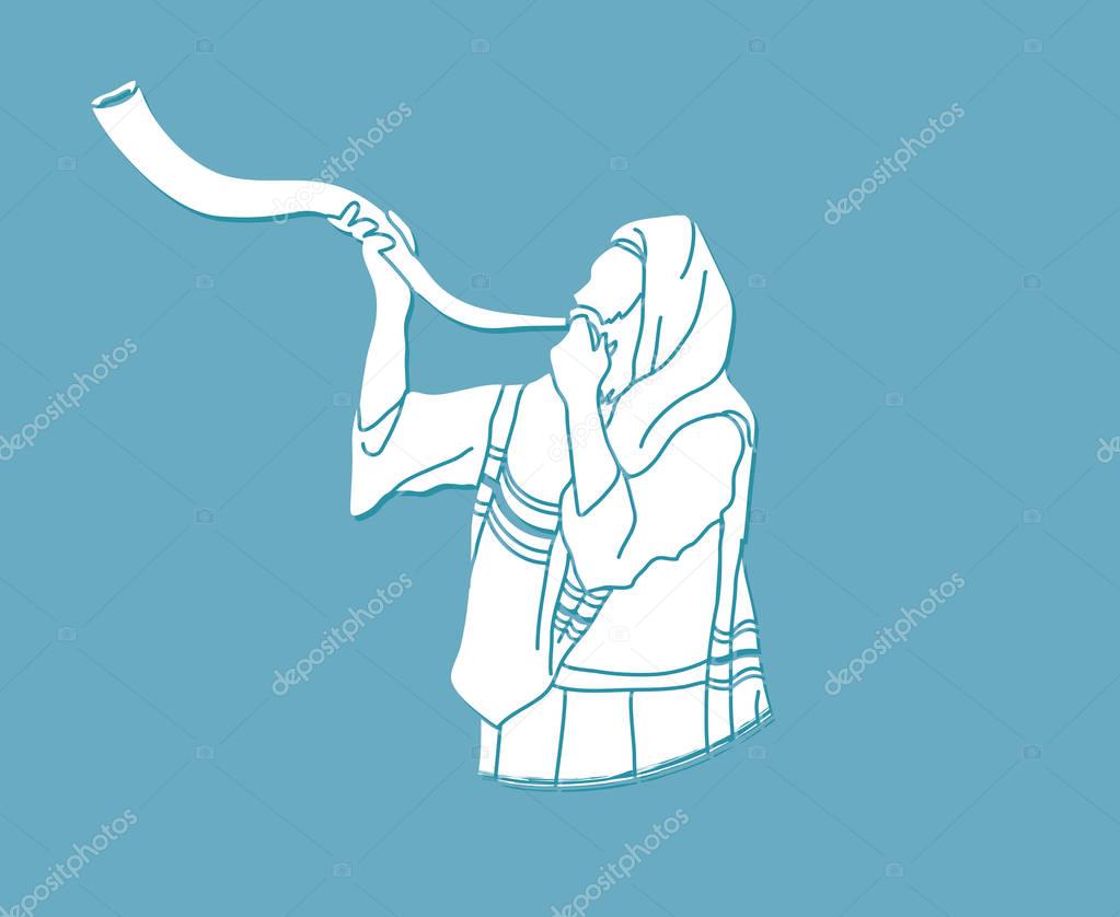 Jew blowing the shofar sheep kudu horn graphic vector.