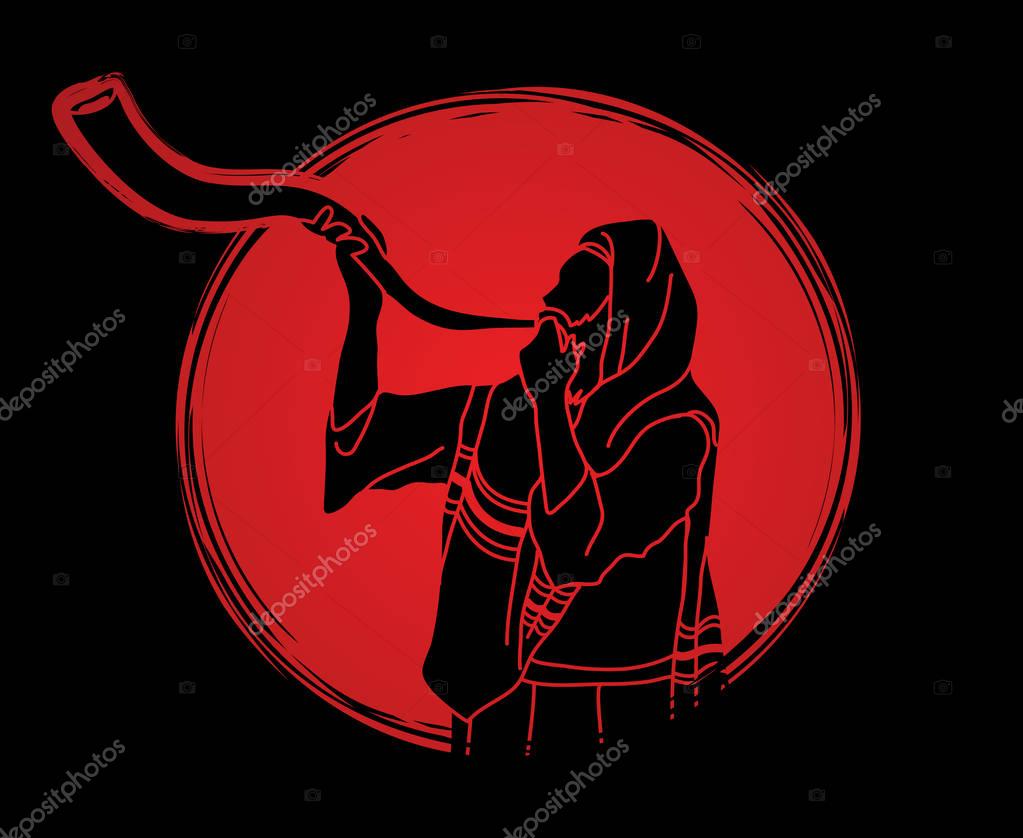 Jew blowing the shofar sheep kudu horn on sunrise background graphic vector.