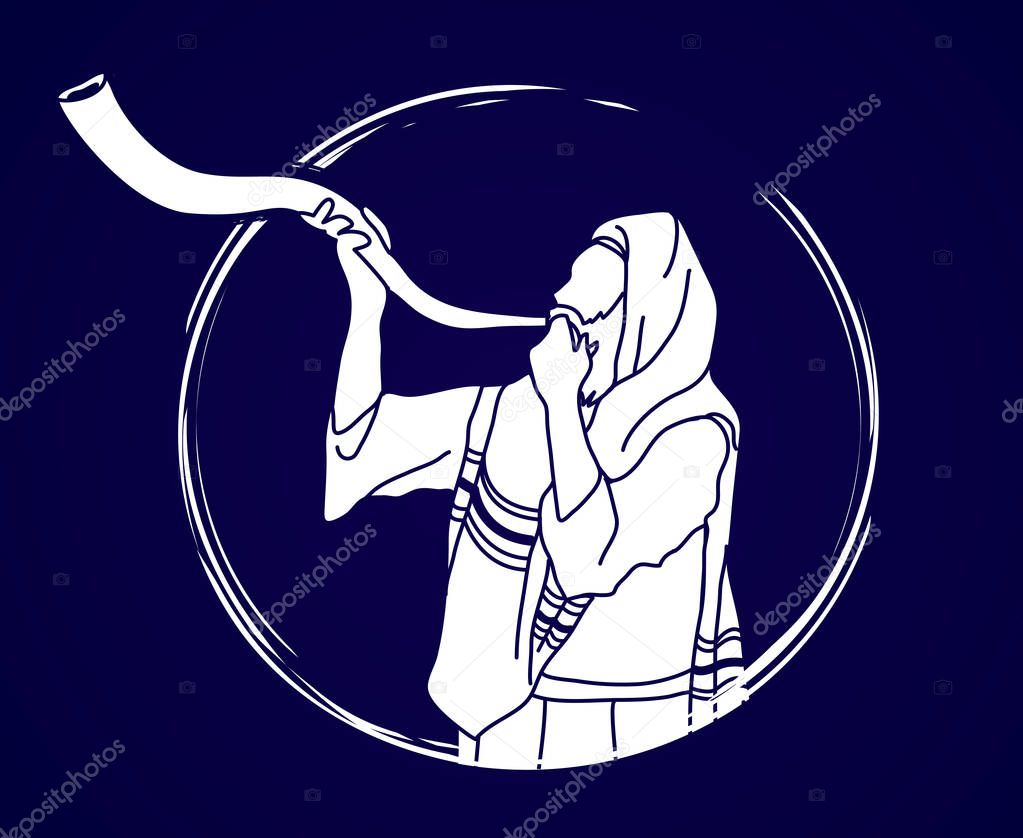 Jew blowing the shofar sheep kudu horn graphic vector.