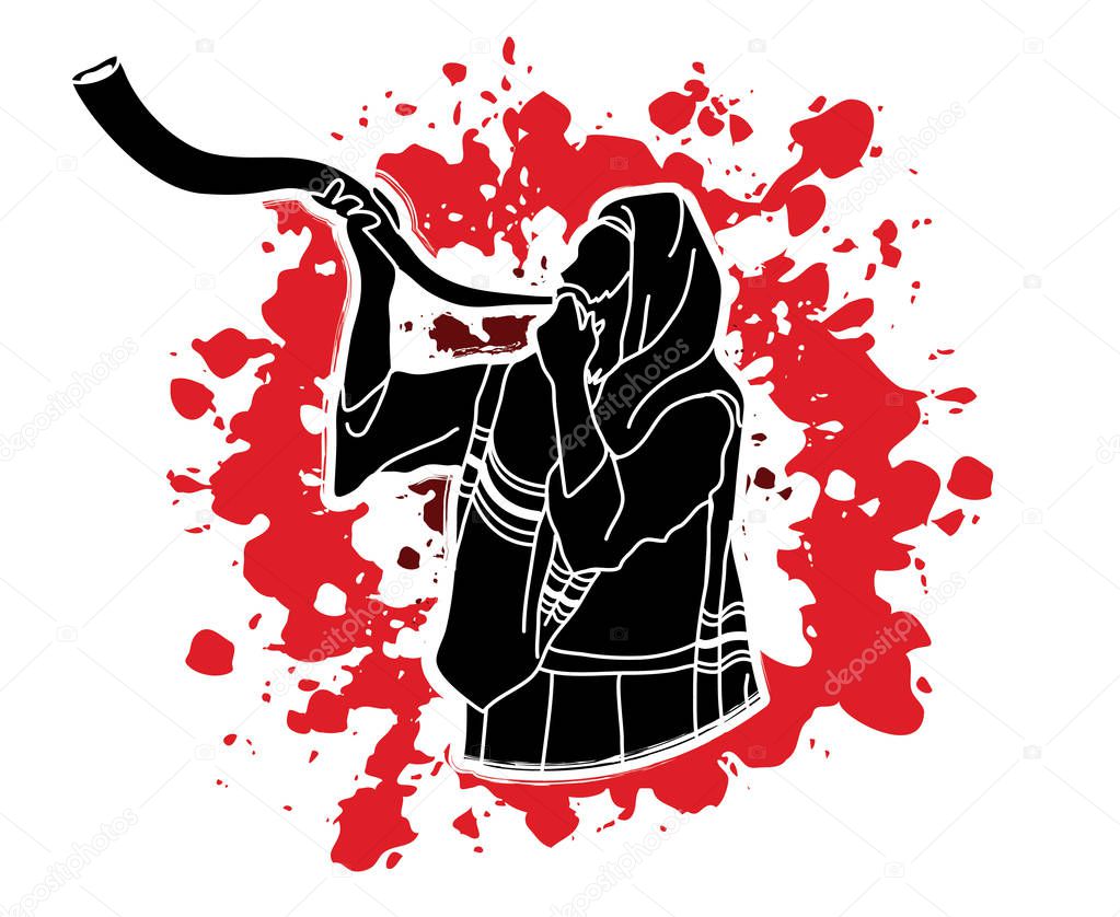 Jew blowing the shofar sheep kudu horn on splash blood background graphic vector.