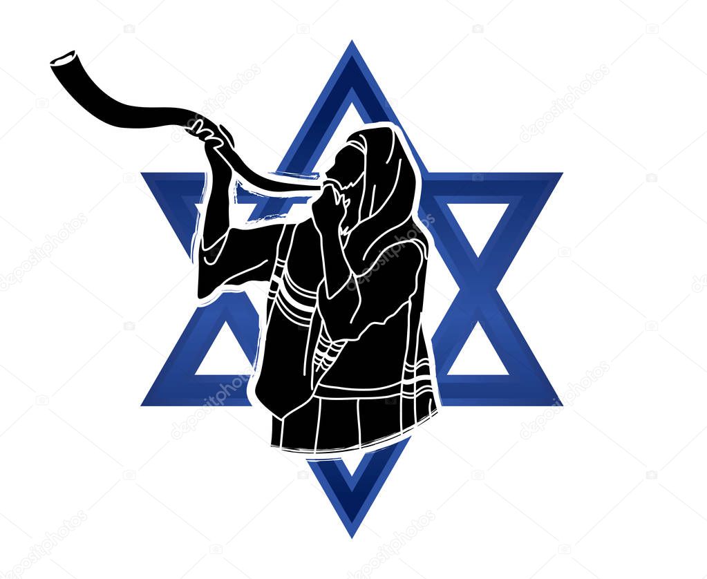 Jew blowing the shofar sheep kudu horn on Israel star background graphic vector.