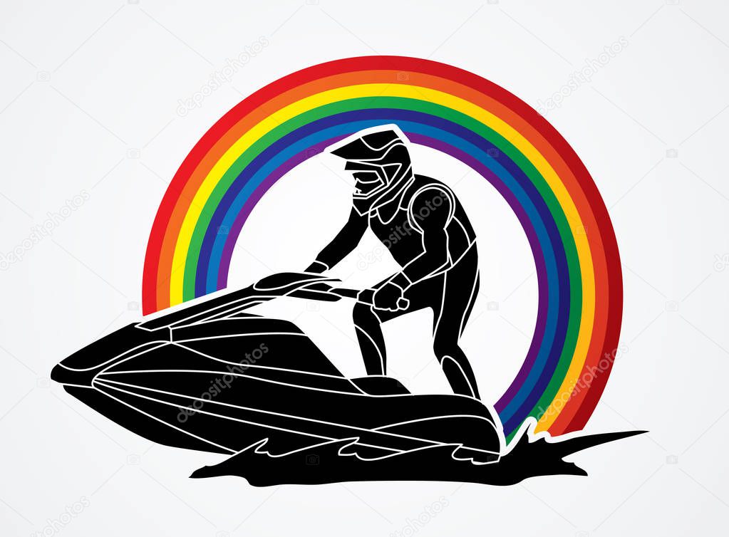 Jet ski action designed on line rainbows background graphic vector.