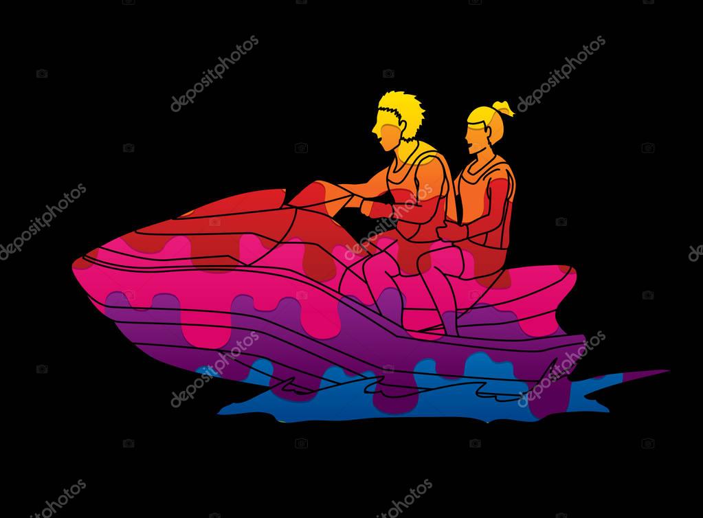 Couple riding jet ski designed using melting colors graphic vector