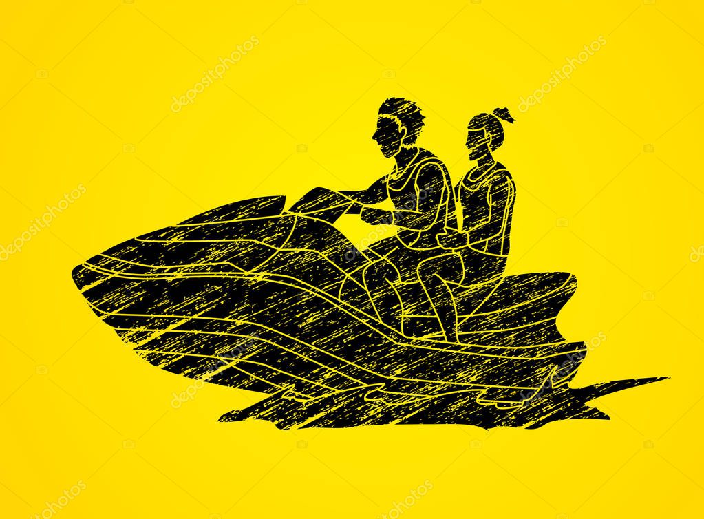 Couple riding jet ski designed using grunge brush graphic vector
