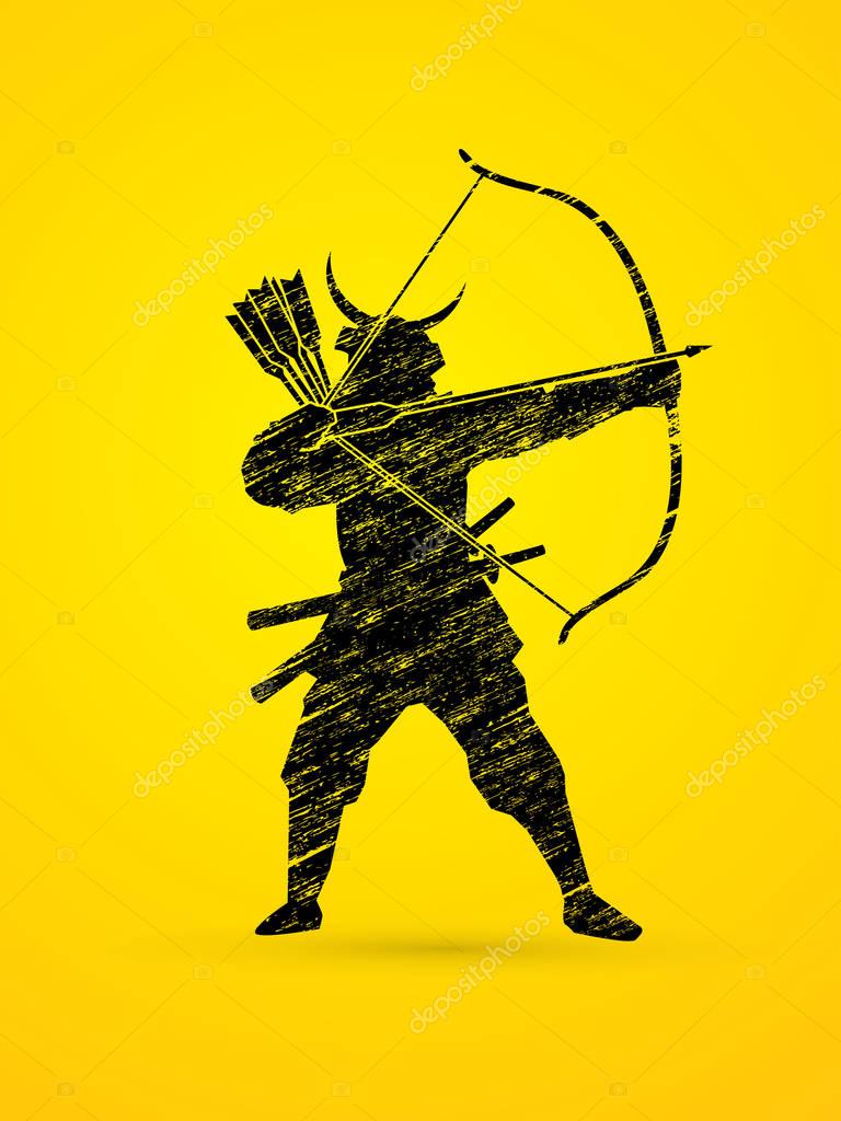 Samurai Warrior with bow designed using black grunge brush graphic vector.