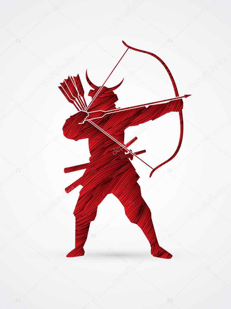 Samurai Warrior with bow designed using red grunge brush graphic vector.