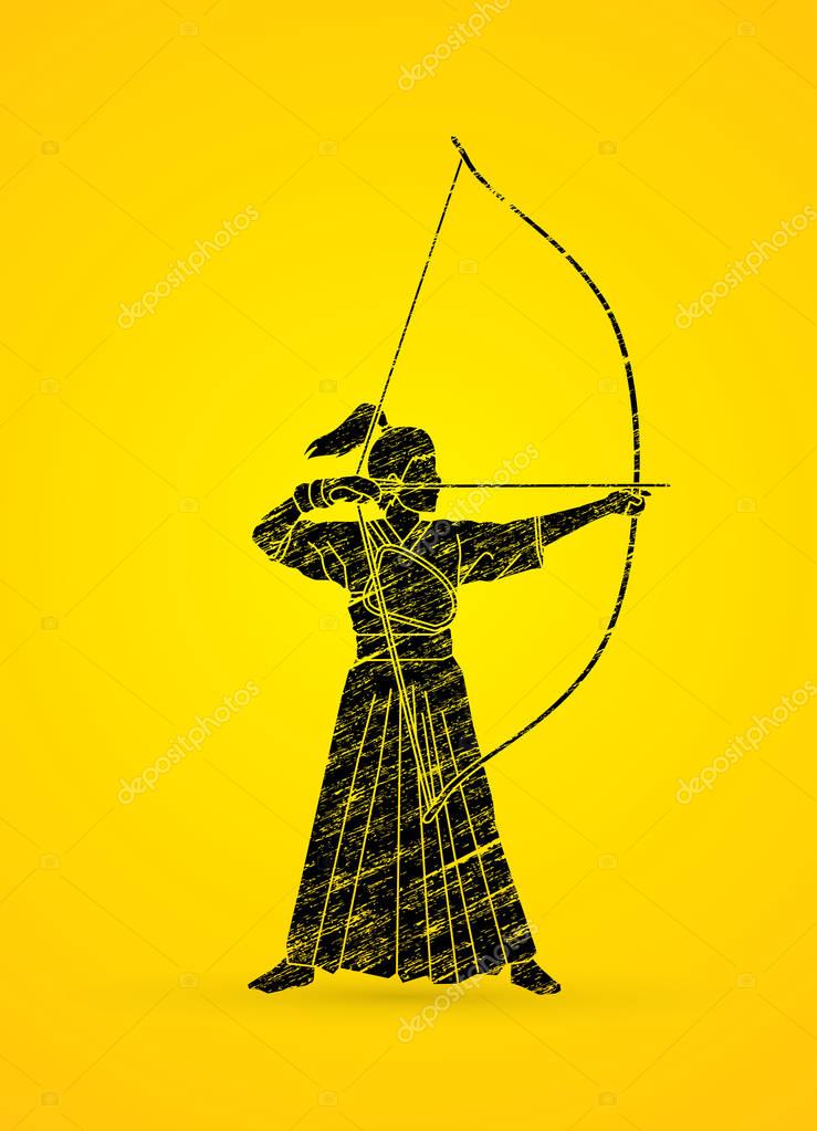 Woman bowing Kyudo designed using black grunge brush graphic vector.