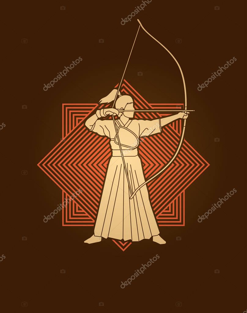 Woman bowing Kyudo designed on line square background graphic vector.