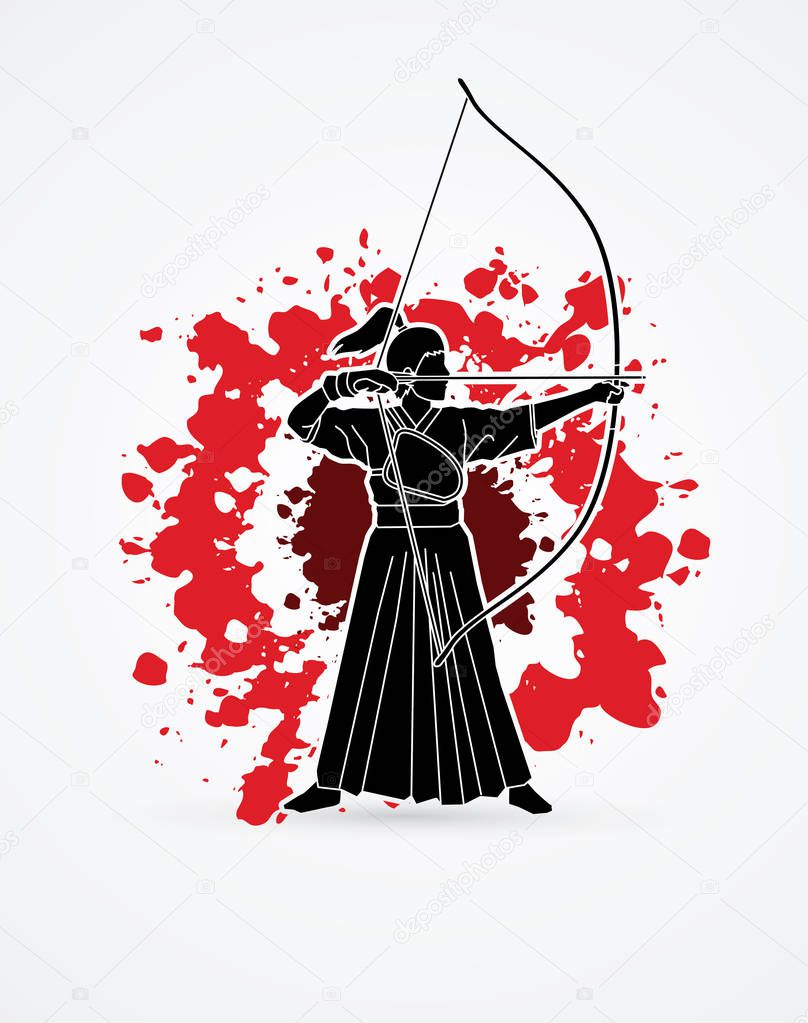 Woman bowing Kyudo designed on splatter blood background graphic vector.